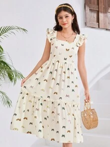 SHEIN 杏色编织面料蝴蝶印花荷叶边饰边方领修身休闲度假连衣裙，适合青少年女孩，适合度假、旅行、节日、午餐会 - 杏色 - 查看 7