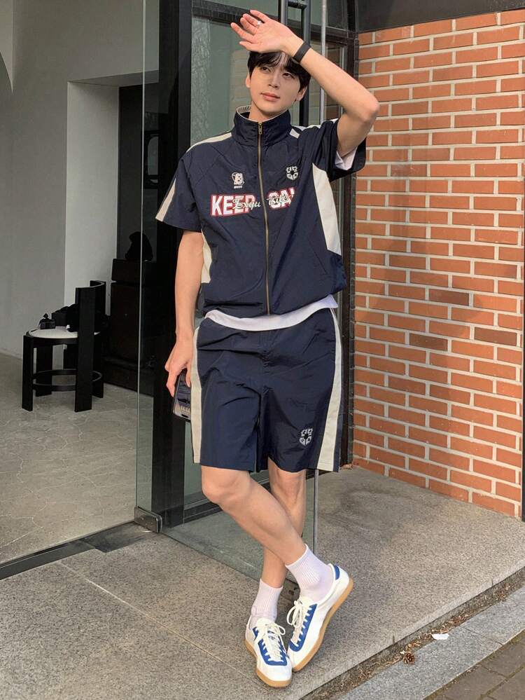 Men Solid Color Patchwork Short Sleeve T-Shirt And Shorts Set, Minimalist