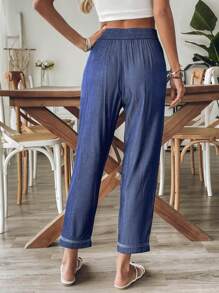 SHEIN LUNE Calças casuais femininas com bolso frontal e botões de cor sólida - Azul marinho - Ver 2