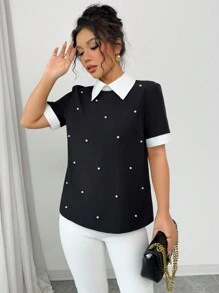 Elenzga Women's Colorblock Studded Collar Short Sleeve Blouse, Spring/Summer