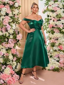 SHEIN Belle Plus Size Elegant & Luxurious Sequin Off Shoulder Mid-Calf A-Line Puffy Party Dress, Wedding Guest Dress, Prom Dress