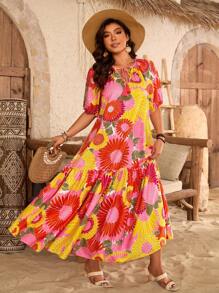 SHEIN Clasi Đầm Maxi In Tua Rua Tay Vai Rộng Viền Vá Nhiều Màu Cho Kỳ Nghỉ Mùa Hè Bãi Biển Size Lớn - Nhiều màu - Xem 6