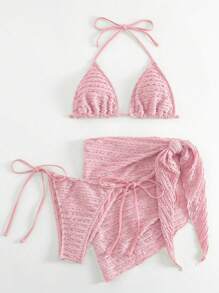 Swim SXY Solid Color Textured Separate Swimwear, For Beach & Vacation For Summer Beach Vacation - Pink - View 2