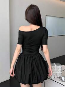 DAZY Asymmetrical Shoulder Solid Color Ruched A-Line Mini Dress For Women,Casual Women Dresses