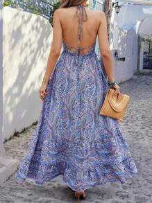 Breezaya Women's Vacation Paisley Print Ruffled Hem Random Print Halter Neck Dress - Blue - View 2