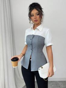 Chiquease New Stylish Simple Patchwork Stripe Women Shirt - Grey - View 5