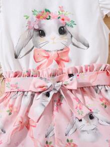 SHEIN Conjunto de top de manga corta de cuello redondo de punto y pantalones cortos con estampado floral menudo para niña joven en Pascua
