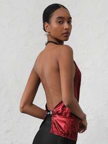 SHEIN Privé Áo cánh dự tiệc thanh lịch cho nữ, cổ tròn không tay thiết kế vai bất đối xứng, áo sơ mi thường ngày ánh kim - Đỏ - Xem 2