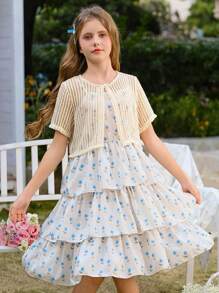 SHEIN 少女针织罩衫和碎花吊带背心蛋糕裙套装，甜美度假风格，适合外出、度假、摄影和派对 - 彩色 - 查看 1