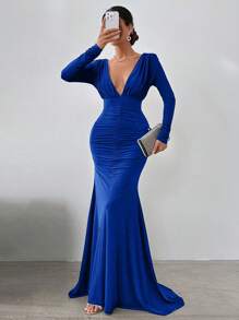 EURMUSE Women's Solid Deep V-Neck Ruffle Fishtail Dress, Long Sleeve - Blue - View 5