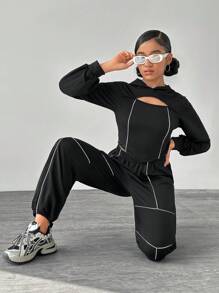 SHEIN Teen Girls Reflective Strip Black Pullover Hoodie & Sweatpants Set, Autumn Spring - Black - View 5