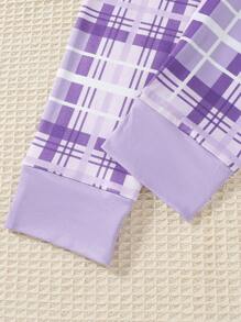 2pcs/Set Teen Girls Purple Minimalist Fashion Letter Print Long Sleeve Top And Plaid Leggings Snug Fit Loungewear - Purple - View 5