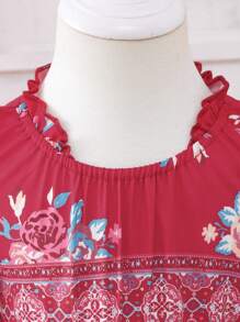 SHEIN 女婴新品可爱碎花 3/4 袖宽松腰连衣裙，酒红色，日常穿着母女套装（3 件单独出售） - 酒紅色 - 查看 7