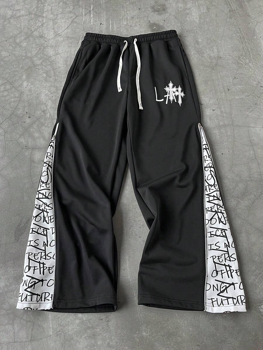 Manfinity EMRG Men's Printed Pants With Zip Slit Sweatpants - Black - View 1