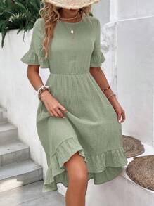 EMERY ROSE Solid Flounce Sleeve Ruffle Hem Dress Without Belt,Sage Green Dress,Pastel Dresses For Women