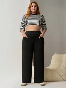 SHEIN EZwear Plus Size Black High Stretch Form-Fitting Yoga Fabric Straight Leg Pants, Spring/Summer