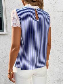SHEIN Clasi Women's Blue & White Stripe Lace Patchwork Blouse, Spring/Summer