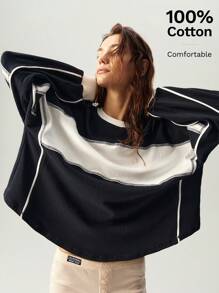 Bohemela Áo nỉ thể thao giản dị cổ tròn tay dài dáng rộng màu khối cho nữ - Đen và trắng - Xem 1