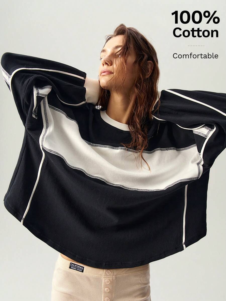 Bohemela Áo nỉ thể thao giản dị cổ tròn tay dài dáng rộng màu khối cho nữ - Đen và trắng - Xem 1