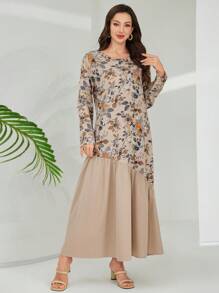 Lacomfia Women Contrast Panel Round Neck Loose Woven Printed Long Sleeve Dress - Multicolor - View 5