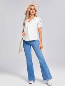 SHEIN LUNE 度假宽松刺绣镂空泡泡袖女士衬衫 - 白色 - 查看 4