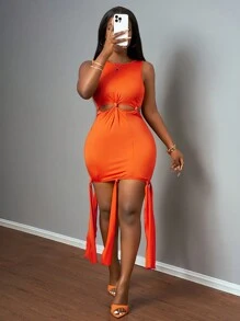 Slaydiva Nuevo estilo Vestido mini naranja casual y deportivo para mujer con cuello redondo, sin mangas, top de jersey con nudo y recorte - Naranja - Ver 6