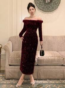 DAZY New Arrival Spring/Summer Off Shoulder Long Dress, Suitable For Date Night Prom Dress Party Women Homecoming Dresses Luxury Red Women Dresses,New Year,Christmas Sequin Elegant Women Dresses Carnival