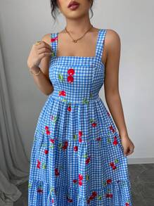 Elenzga 女士度假连衣裙蓝色格子印花樱桃花摇摆吊带连衣裙 - 藍色 - 查看 4