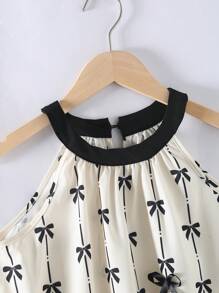 Vestido corto casual y suelto con cuello redondo, halter, sin mangas, estampado de rayas y lazos, para adolescentes