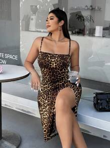 Solflare Plus Size Leopard Print Bodycon Slit Spaghetti Strap Casual Dress For Summer - Multicolor - View 4