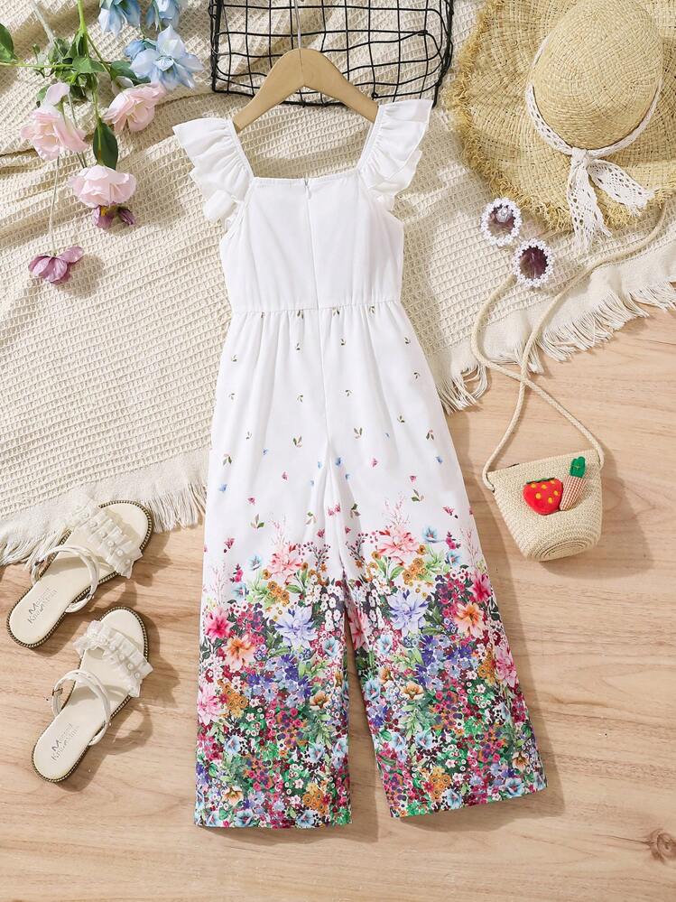 SHEIN 年轻女孩碎花荷叶边连体裤，复活节 - 白色 - 查看 2