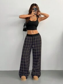 Coolane Women's Casual Loose Checked Wide Leg Pants