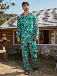 Manfinity ChillVibe Men's Front Button Long Sleeve Printed Minimalist Top & Pants Pajama Set - Mint Green - View 7