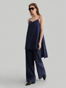 Ontre 2 件套海军蓝条纹吊带背心和阔腿裤，都市休闲风格女士无袖长裤套装，条纹面料搭配，2025 年春夏新品 - 藏蓝色 - 查看 2
