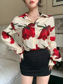 DAZY Women Floral Loose Long Sleeve Shirt, Minimalist Fashion Casual For Everyday Wear Fall - Multicolor - View 3