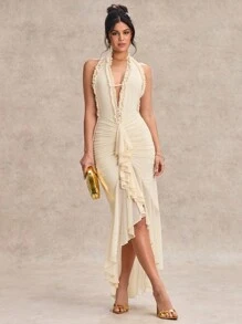 SHEIN BAE 优雅女士长裙，深 V 领，吊带设计，露背，褶皱紧身胸衣和高开衩，适合节日、派对、浪漫约会、与朋友聚会 - 杏色 - 查看 6