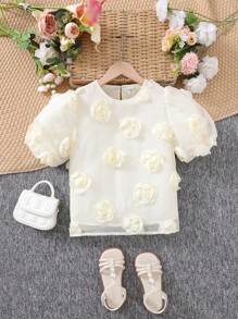 SHEIN Tween Girls 优雅简约泡泡袖 3D 花朵衬衫 - 杏色 - 查看 7