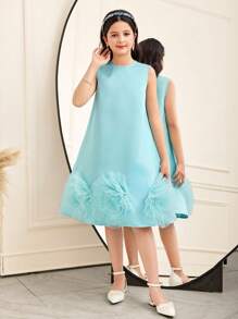 SHEIN Leap Crew 青少年女孩宽松优雅经典多层网眼立领 3D 花卉连衣裙套装 - 藍色 - 查看 5
