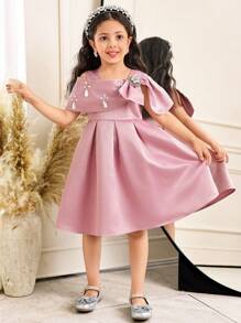 SHEIN Leap Crew Young Girl Elegant Exclusive Asymmetric Large Bow Satin Dress Gown - Pink - View 3