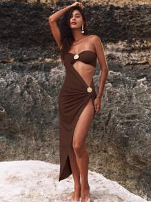 Opulessa 2 件套：女士纯色针织抹胸和单肩连衣裙 - 棕色 - 查看 3