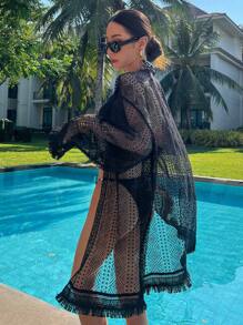 DAZY Solid Color Lightweight Long Sleeve Hollow Tassels, Casual Resort Summer Shirt For Women Vacation - Black - View 1