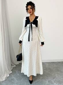 Modelyn 女士混合面料蝴蝶结圆点腰部褶皱 A 字长袖连衣裙 - 杏色 - 查看 4