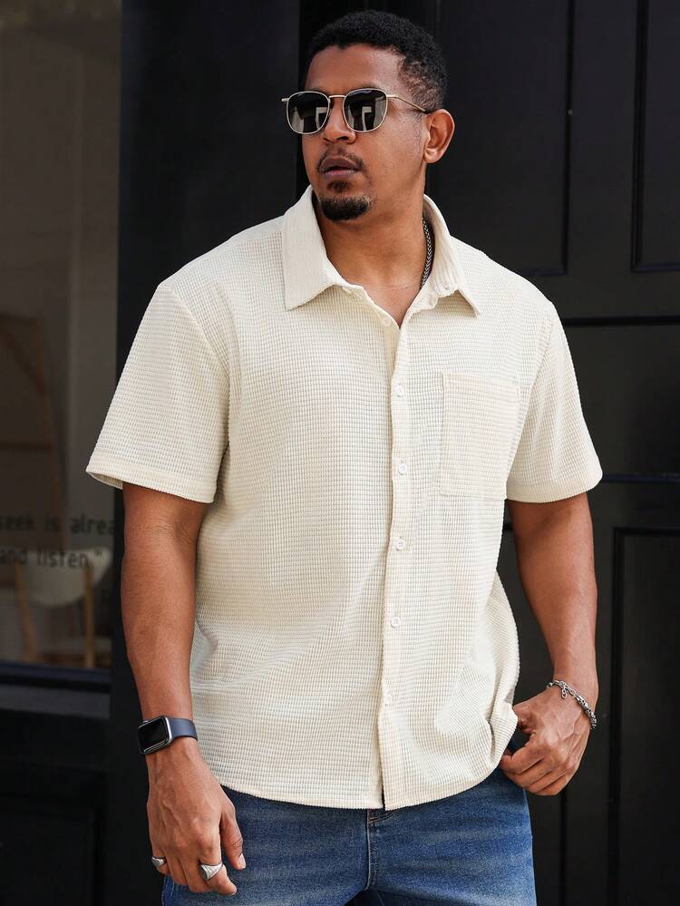 Manfinity Homme Plus Size Men's Casual Versatile Solid Color Short Sleeve Shirt - Apricot - View 4