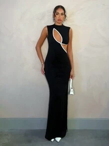 SHEIN BAE Black Sleeveless Asymmetric Hollow Out Contrast Color Block Elegant Dress, Suitable For Graduation Party, Formal Occasion, Romantic Date, Wedding Guest, Valentine's Day,Backless Dress - Black and White - View 2