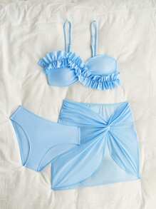 SHEIN Tween Girls Bikini - Fashionable & Elegant Blue Swimsuit Set. Features Soft Knitted Fabric, Fully Lined Bikini Top With Lace Trim, And A Matching Wrap Skirt. A Stylish, Casual, And Exquisitely Detailed Three-Piece Design. Perfect For Swimming, Summer Vacations, Beach Trips, Pool Parties, And Holiday Getaways. - Baby Blue - View 3
