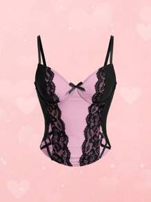 ROMWE Goth Y2K Sexy Contrast Lace Waist Drawstring Decor Cami Top, New Year Party, For Valentine's Day - Pink - View 5