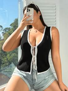 SHEIN EZwear Plus Size Black & White Color Block Sleeveless Knit Top With Tie,Casual Elegant Vacation Work/Office