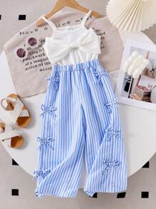 SHEIN 年轻女孩针织吊带背心条纹拼布连体裤，收腰宽松直筒裤，休闲夏日度假装 - 藍色 - 查看 1