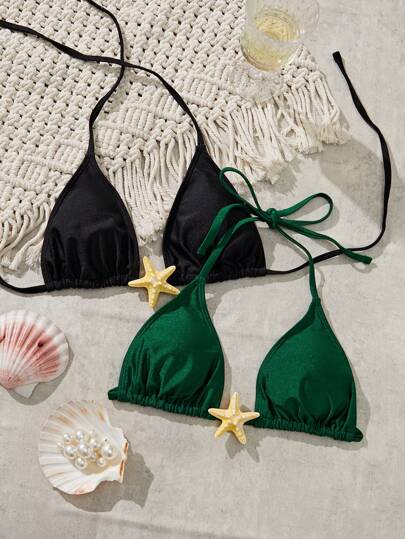 SHEIN Swim Springbreak 2pcs New Solid Color Sexy Halter Backless Starfish Accent Women Holiday Triangle Bikini Top For Summer Beach Vacation