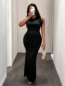 BamGleam Vestido largo y ceñido de mujer sin mangas, con costura de cintura en negro, malla transparente y sexy